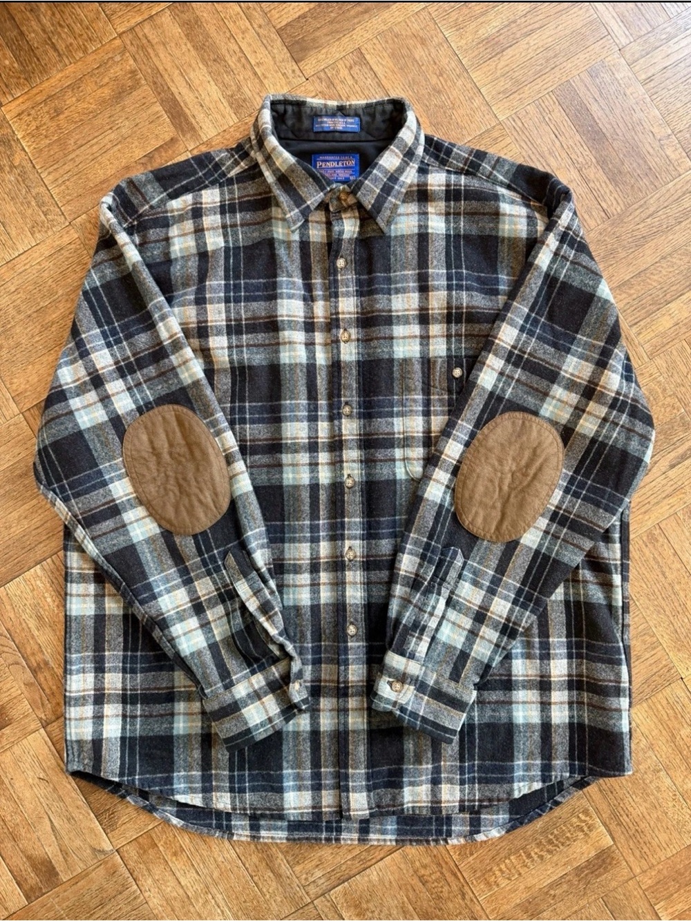 Pendleton Gray Cream and Brown Plaid Flannel Shirt with Brown Elbow Patches